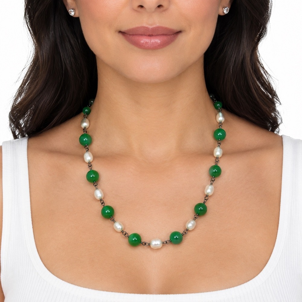 Handcrafted Sterling Silver Green Jade and Pearl Beaded Toggle Necklace 16.5in